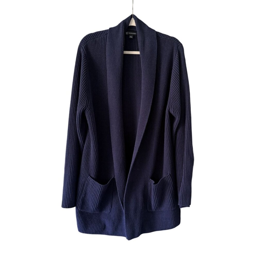 INC Womens Cardigan  Open Front Sweater Large Navy Blue Pockets Warm Layering